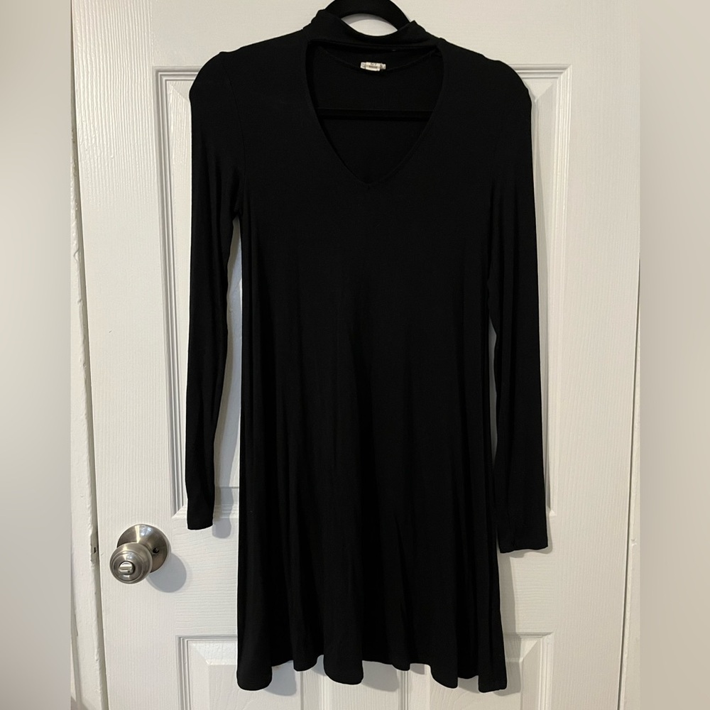Long Sleeve Midi Black Dress by Garage - High Neck with V-Neck Cut Out